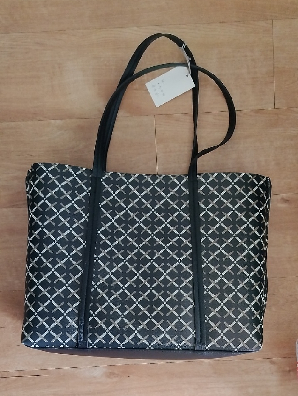A New Day Black Patterned Tote Bag with Crosshatch Design big professional style